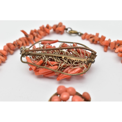 37 - FOUR PIECES OF CORAL JEWELLERY, to include a beaded necklace, fitted with a base metal spring clasp,... 