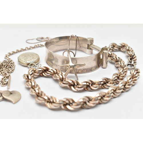 38 - SIX PIECES OF JEWELLERY, to include a heavy silver rope twist chain with spring clasp, hallmarked Lo... 