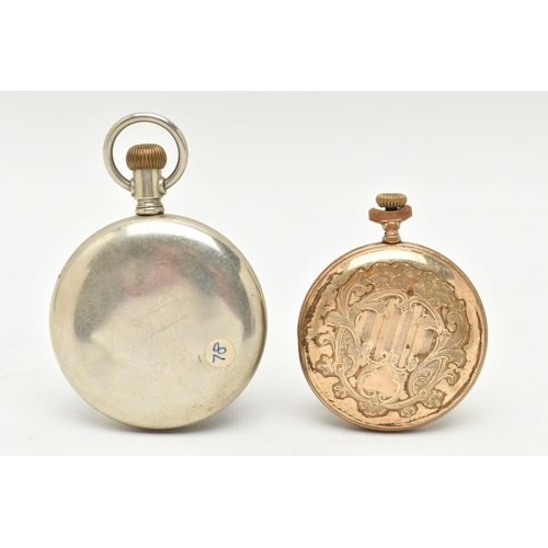 49 - TWO POCKET WATCHES, the first a gold plated 'Waltham' open face pocket watch, manual wind, round whi... 