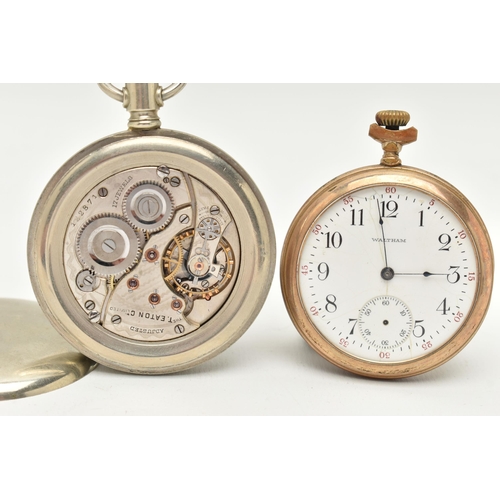 49 - TWO POCKET WATCHES, the first a gold plated 'Waltham' open face pocket watch, manual wind, round whi... 