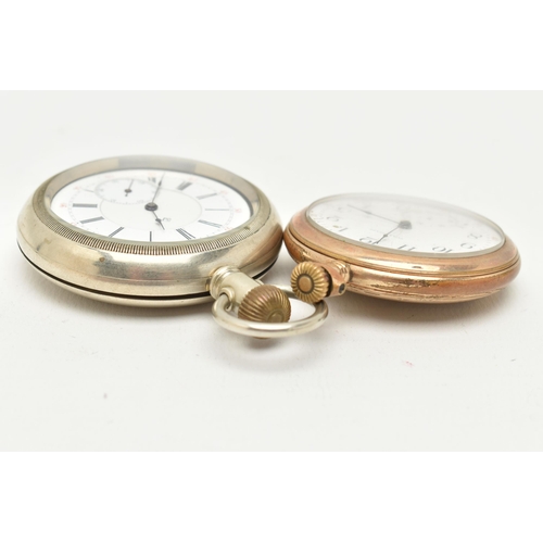 49 - TWO POCKET WATCHES, the first a gold plated 'Waltham' open face pocket watch, manual wind, round whi... 