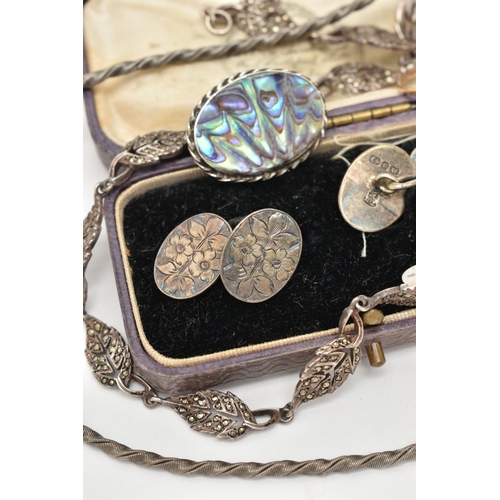 52 - A SMALL BAG OF JEWELLERY, to include a boxed set of oval chain cufflinks with floral detail, hallmar... 