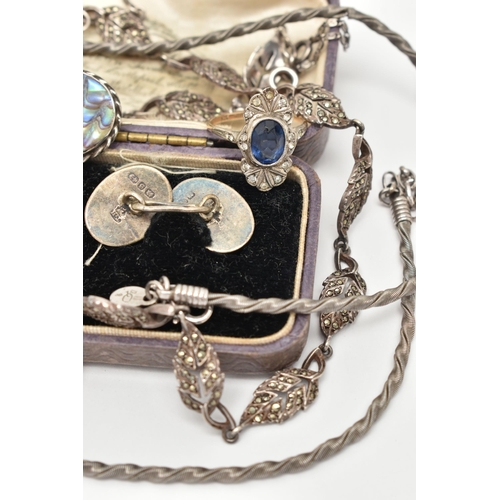 52 - A SMALL BAG OF JEWELLERY, to include a boxed set of oval chain cufflinks with floral detail, hallmar... 