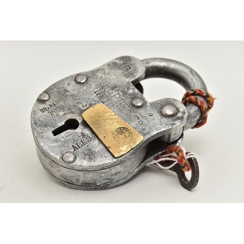 53 - AN ANTIQUE PADLOCK WITH KEY, signed 'Hopps & Co No.1000PT', guarantee 35 years