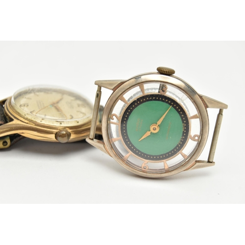 57 - TWO WATCHES, the first a mid century hand wound movement, round green dial signed 'Wara', baton mark... 