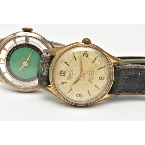 57 - TWO WATCHES, the first a mid century hand wound movement, round green dial signed 'Wara', baton mark... 