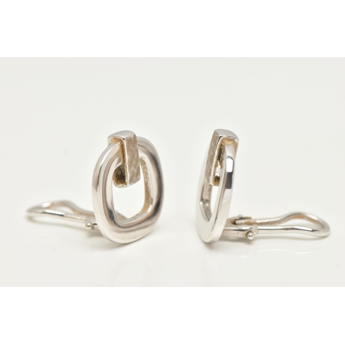 58 - A PAIR OF WHITE METAL CLIP ON EARRINGS, open work square form earrings with a textured panel, approx... 