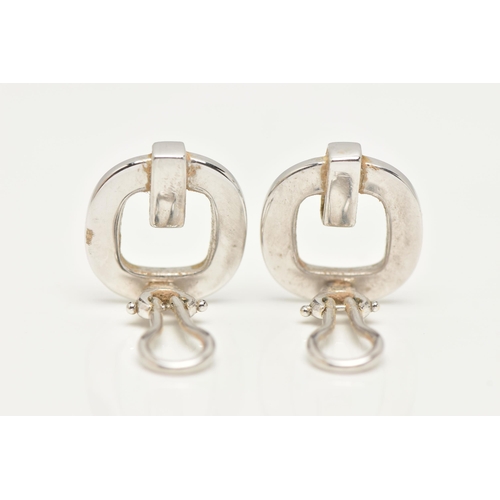 58 - A PAIR OF WHITE METAL CLIP ON EARRINGS, open work square form earrings with a textured panel, approx... 