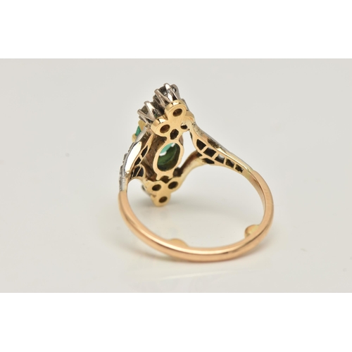 63 - AN 18CT GOLD EMERALD AND DIAMOND DRESS RING, centrally set with an oval cut emerald in an eight claw... 