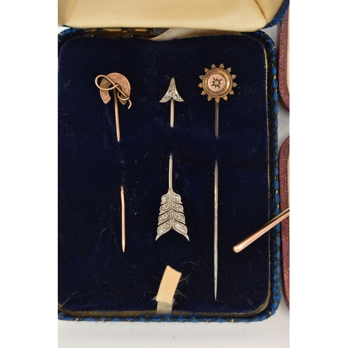 65 - AN ASSORTMENT OF LATE 19TH AND EARLY 20TH CENTURY STICK PINS AND BROOCHES, the first a rose cut diam... 