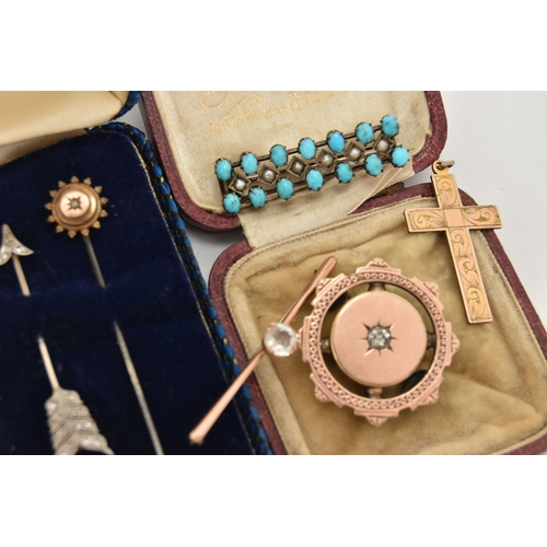 65 - AN ASSORTMENT OF LATE 19TH AND EARLY 20TH CENTURY STICK PINS AND BROOCHES, the first a rose cut diam... 