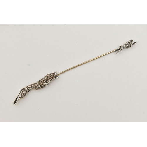 66 - AN EARLY 20TH CENTURY DIAMOND STICK PIN BROOCH, designed as a greyhound chasing a hare, white metal ... 