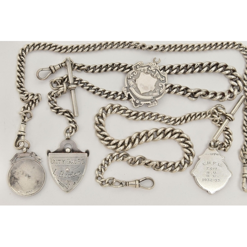 68 - THREE LATE 19TH TO EARLY 20TH CENTURY SILVER ALBERT CHAINS AND FOUR MEDALLIONS, all curb link chains... 