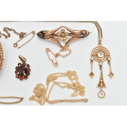 7 - A SELECTION OF JEWELLERY, to include a 9ct gold open work brooch with floral detail set with colourl... 