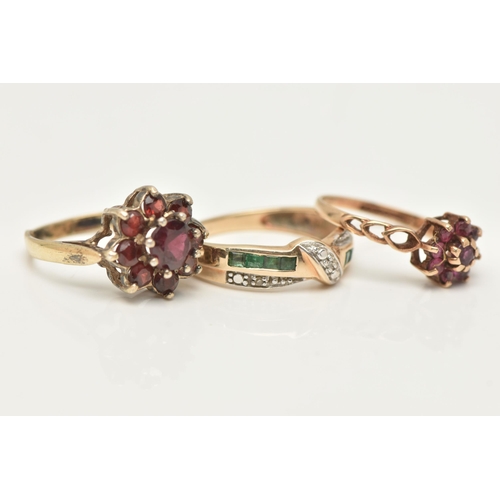 70 - THREE 9CT GOLD GEM SET RINGS, the first designed as channel set square cut emeralds with crossover s... 