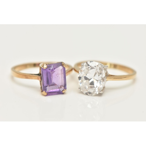 71 - FOUR 9CT GOLD GEM SET RINGS, the first star set with a brilliant cut diamond, stamped diamond weight... 