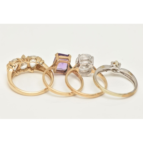 71 - FOUR 9CT GOLD GEM SET RINGS, the first star set with a brilliant cut diamond, stamped diamond weight... 