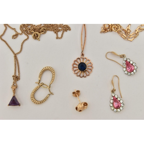 73 - A SELECTION OF JEWELLERY, to include a 9ct gold triangular amethyst pendant, suspended from a fine c... 