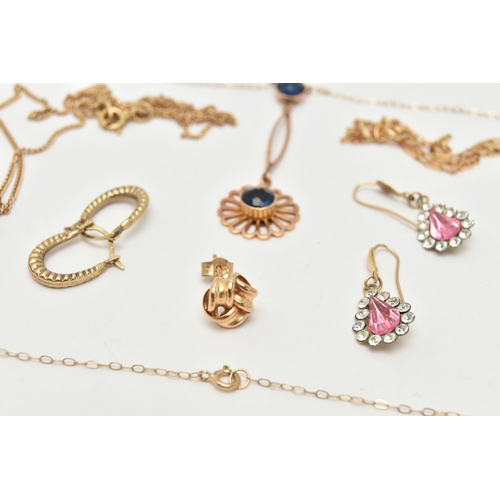 73 - A SELECTION OF JEWELLERY, to include a 9ct gold triangular amethyst pendant, suspended from a fine c... 