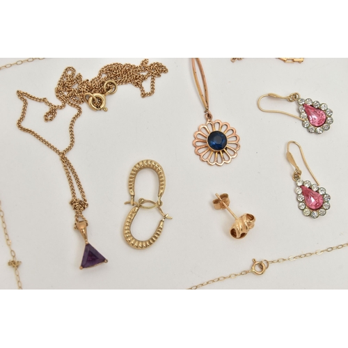 73 - A SELECTION OF JEWELLERY, to include a 9ct gold triangular amethyst pendant, suspended from a fine c... 