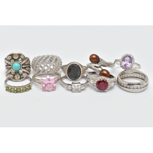 8 - TEN SILVER AND WHITE METAL RINGS, to include a silver and hematite Centurian intaglio signet ring, h... 