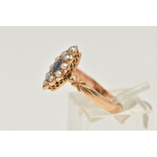 9 - AN EARLY 20TH CENTURY SAPPHIRE AND SPLIT PEARL, 15CT GOLD RING, of a marquise form set with a centra... 