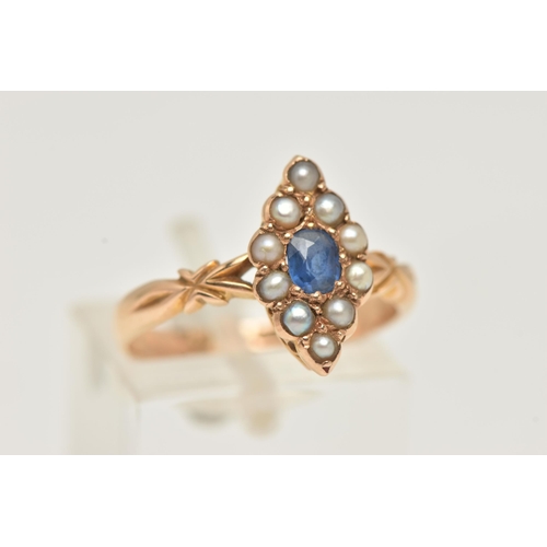 9 - AN EARLY 20TH CENTURY SAPPHIRE AND SPLIT PEARL, 15CT GOLD RING, of a marquise form set with a centra... 