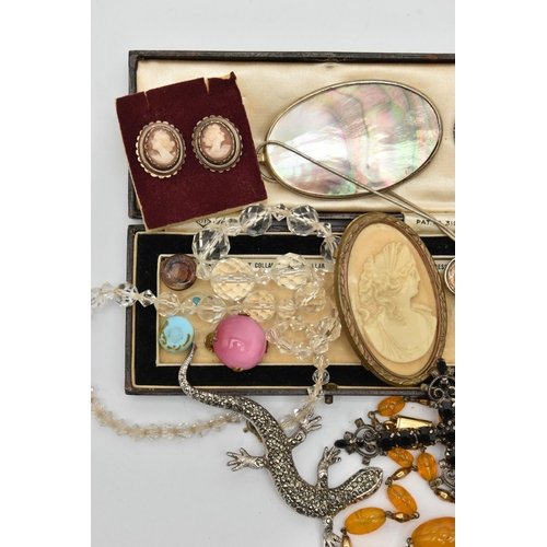 103 - A BAG OF ASSORTED COSTUME JEWELLERY, to include a white metal marcasite lizard brooch, a faceted red... 