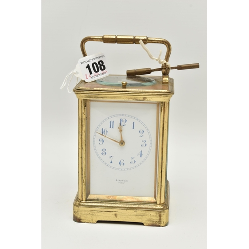 108 - A FRENCH REPEATER BRASS CARRIAGE CLOCK, a rectangular form clock, Arabic numerals, signed 'A Barrie ... 