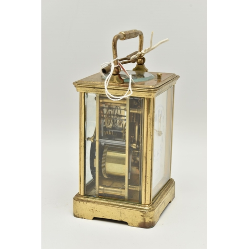 108 - A FRENCH REPEATER BRASS CARRIAGE CLOCK, a rectangular form clock, Arabic numerals, signed 'A Barrie ... 