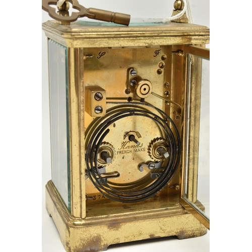 108 - A FRENCH REPEATER BRASS CARRIAGE CLOCK, a rectangular form clock, Arabic numerals, signed 'A Barrie ... 