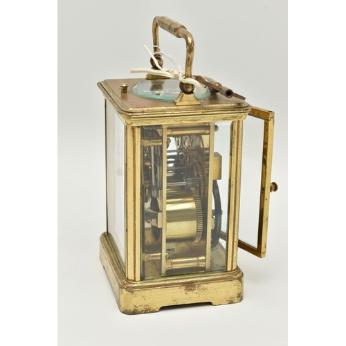 108 - A FRENCH REPEATER BRASS CARRIAGE CLOCK, a rectangular form clock, Arabic numerals, signed 'A Barrie ... 