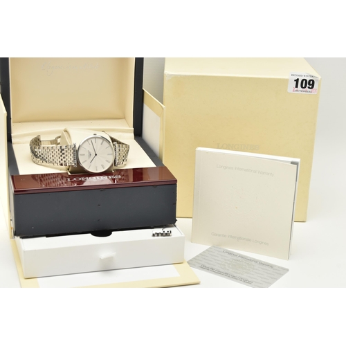 109 - A GENTS BOXED 'LONGINES' WRISTWATCH, quartz movement, round silver dial signed 'Longines', Roman num... 