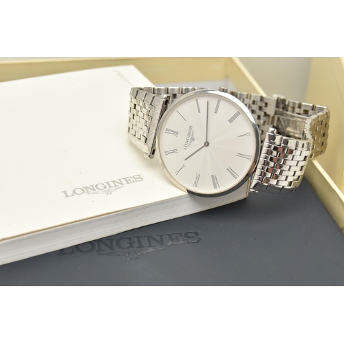 109 - A GENTS BOXED 'LONGINES' WRISTWATCH, quartz movement, round silver dial signed 'Longines', Roman num... 