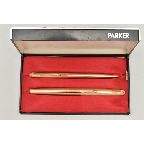 110 - BOXED 'PARKER' PEN SET, to include a rolled gold fountain pen and matching ball point pen, in a fitt... 