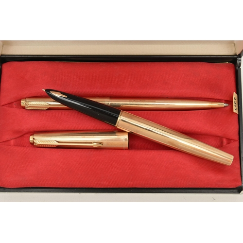 110 - BOXED 'PARKER' PEN SET, to include a rolled gold fountain pen and matching ball point pen, in a fitt... 