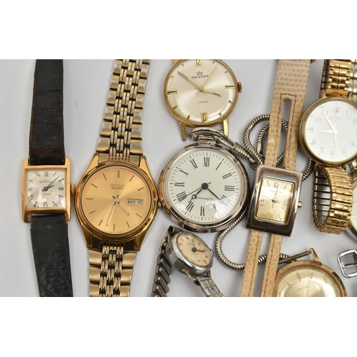 113 - ASSORTED WRISTWATCHES AND POCKET WATCHES, to include a gents gold plated 'Seiko' quartz fitted with ... 