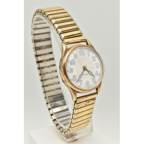 115 - A GENTS 9CT GOLD WRISTWATCH, manual wind, round white Arabic numeral dial, open work hands, in a pol... 