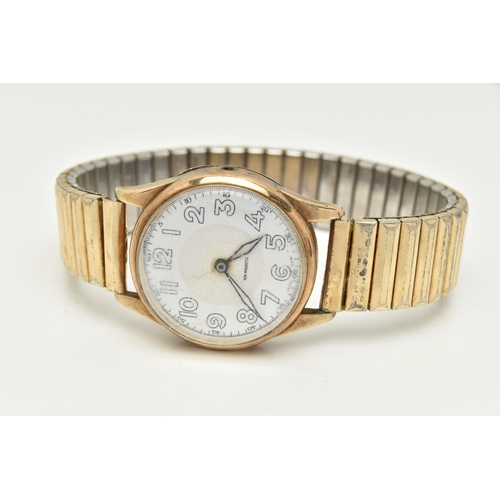 115 - A GENTS 9CT GOLD WRISTWATCH, manual wind, round white Arabic numeral dial, open work hands, in a pol... 