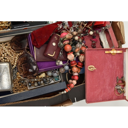 185 - A BOX OF ASSORTED COSTUME JEWELLERY AND ITEMS, to include beaded necklaces, bangles and bracelets, j... 