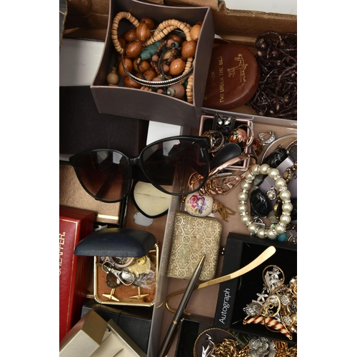 185 - A BOX OF ASSORTED COSTUME JEWELLERY AND ITEMS, to include beaded necklaces, bangles and bracelets, j... 