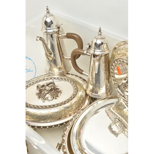 186 - A SMALL QUANTITY OF SILVER PLATE, comprising an 18th century style cafe au lait set, unmarked and a ... 