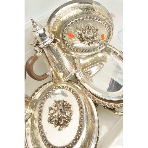 186 - A SMALL QUANTITY OF SILVER PLATE, comprising an 18th century style cafe au lait set, unmarked and a ... 