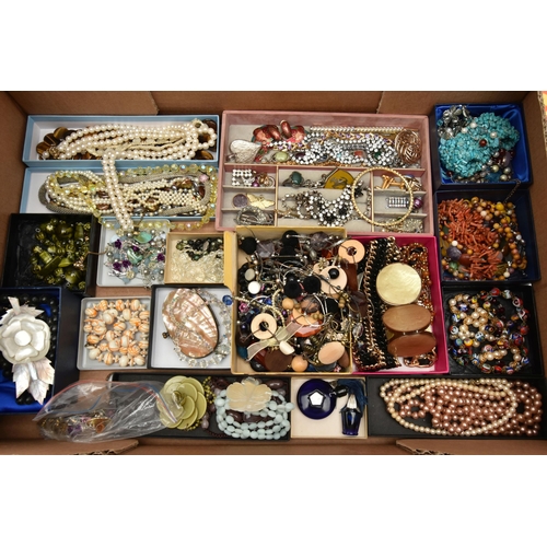 187 - A BOX OF ASSORTED COSTUME JEWELLERY, to include a semi-precious stretch bead bracelet, a jasper bead... 