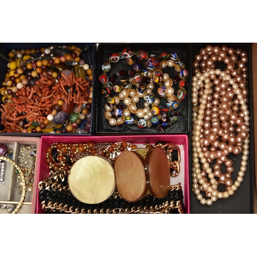 187 - A BOX OF ASSORTED COSTUME JEWELLERY, to include a semi-precious stretch bead bracelet, a jasper bead... 