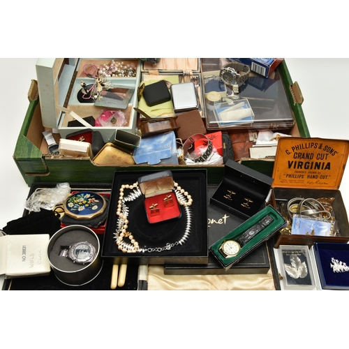 188 - A BOX OF ASSORTED ITEMS, to include a selection of costume jewellery, assorted wristwatches, names t... 