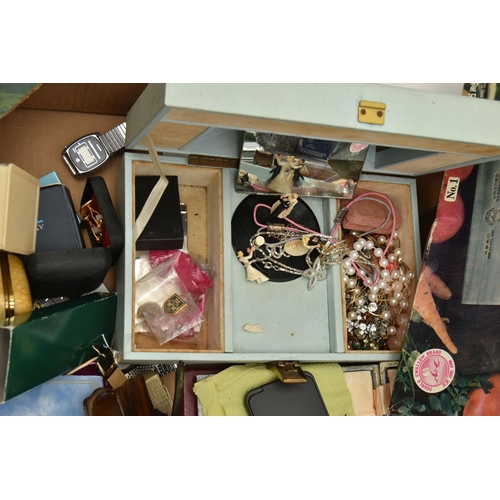 188 - A BOX OF ASSORTED ITEMS, to include a selection of costume jewellery, assorted wristwatches, names t... 