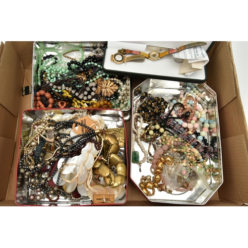 189 - A BOX OF ASSORTED COSTUME JEWELLERY, to include a garnet beaded necklace, a mother of pearl beaded n... 