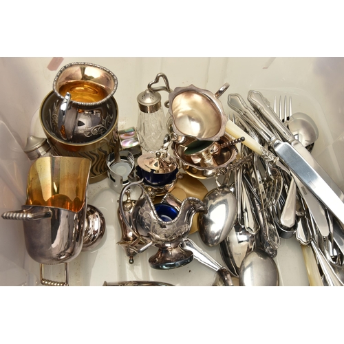 190 - A LARGE PLASTIC BOX OF ASSORTED WHITE METAL WARE, to include three silver handled button hooks and a... 