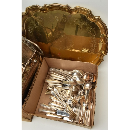 193 - A BOX OF ASSORTED WHITE METAL WARE, to include two large trays, goblets, a three piece E.P.C tea set... 